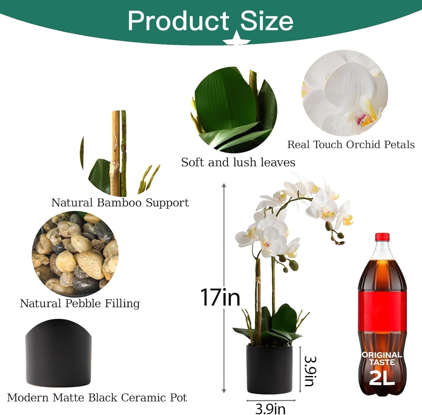 17" Artificial White Phalaenopsis Orchid in Modern Black Ceramic Pot | Realistic Faux Flower Arrangement for Bathroom, Bedroom, & Dining Table Decor - Low-Maintenance Luxury Home Accent