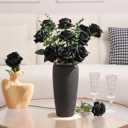 12pcs Red Roses Artificial Flowers,Realistic Long Stem Fake Silk Roses Bouquet for Party Home Wedding Centerpiece Office DIY Decor（Burgundy）