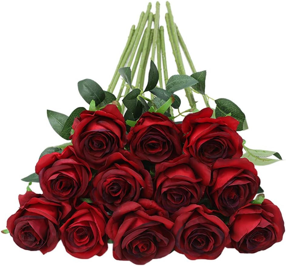 12pcs Red Roses Artificial Flowers,Realistic Long Stem Fake Silk Roses Bouquet for Party Home Wedding Centerpiece Office DIY Decor（Burgundy）