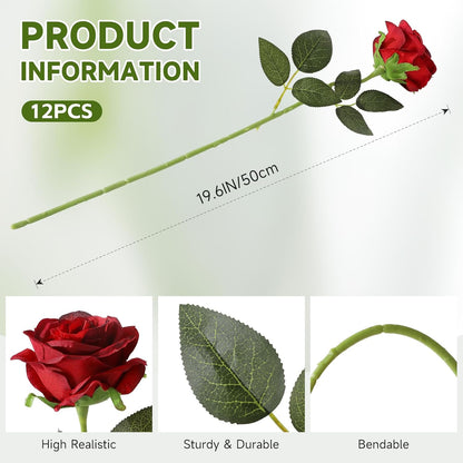 12pcs Red Roses Artificial Flowers,Realistic Long Stem Fake Silk Roses Bouquet for Party Home Wedding Centerpiece Office DIY Decor（Burgundy）