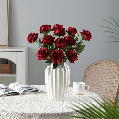 12pcs Red Roses Artificial Flowers,Realistic Long Stem Fake Silk Roses Bouquet for Party Home Wedding Centerpiece Office DIY Decor（Burgundy）