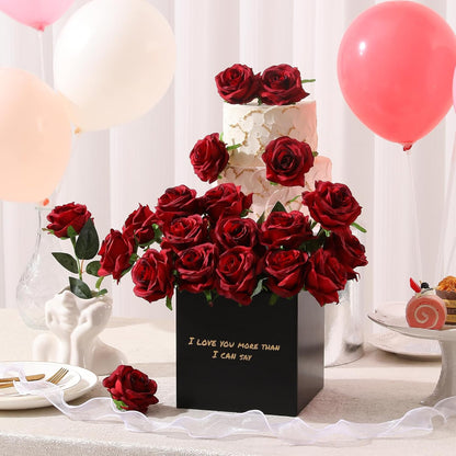 12pcs Red Roses Artificial Flowers,Realistic Long Stem Fake Silk Roses Bouquet for Party Home Wedding Centerpiece Office DIY Decor（Burgundy）