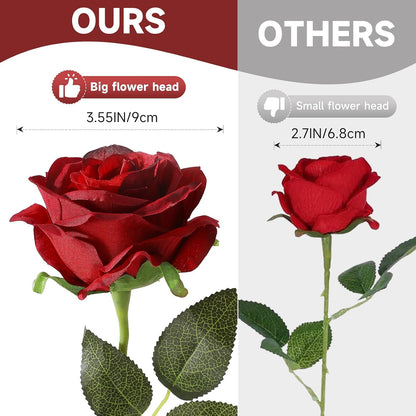 12pcs Red Roses Artificial Flowers,Realistic Long Stem Fake Silk Roses Bouquet for Party Home Wedding Centerpiece Office DIY Decor（Burgundy）