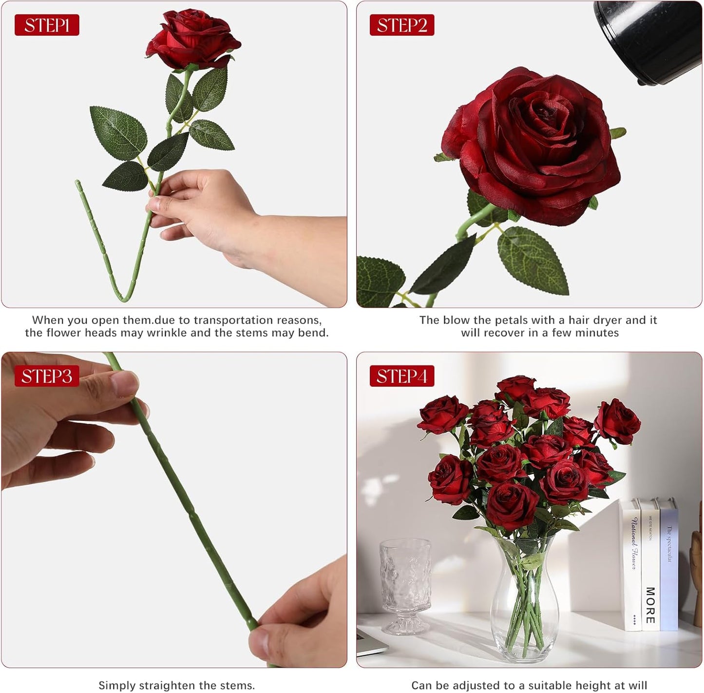 12pcs Red Roses Artificial Flowers,Realistic Long Stem Fake Silk Roses Bouquet for Party Home Wedding Centerpiece Office DIY Decor（Burgundy）
