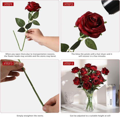 12pcs Red Roses Artificial Flowers,Realistic Long Stem Fake Silk Roses Bouquet for Party Home Wedding Centerpiece Office DIY Decor（Burgundy）