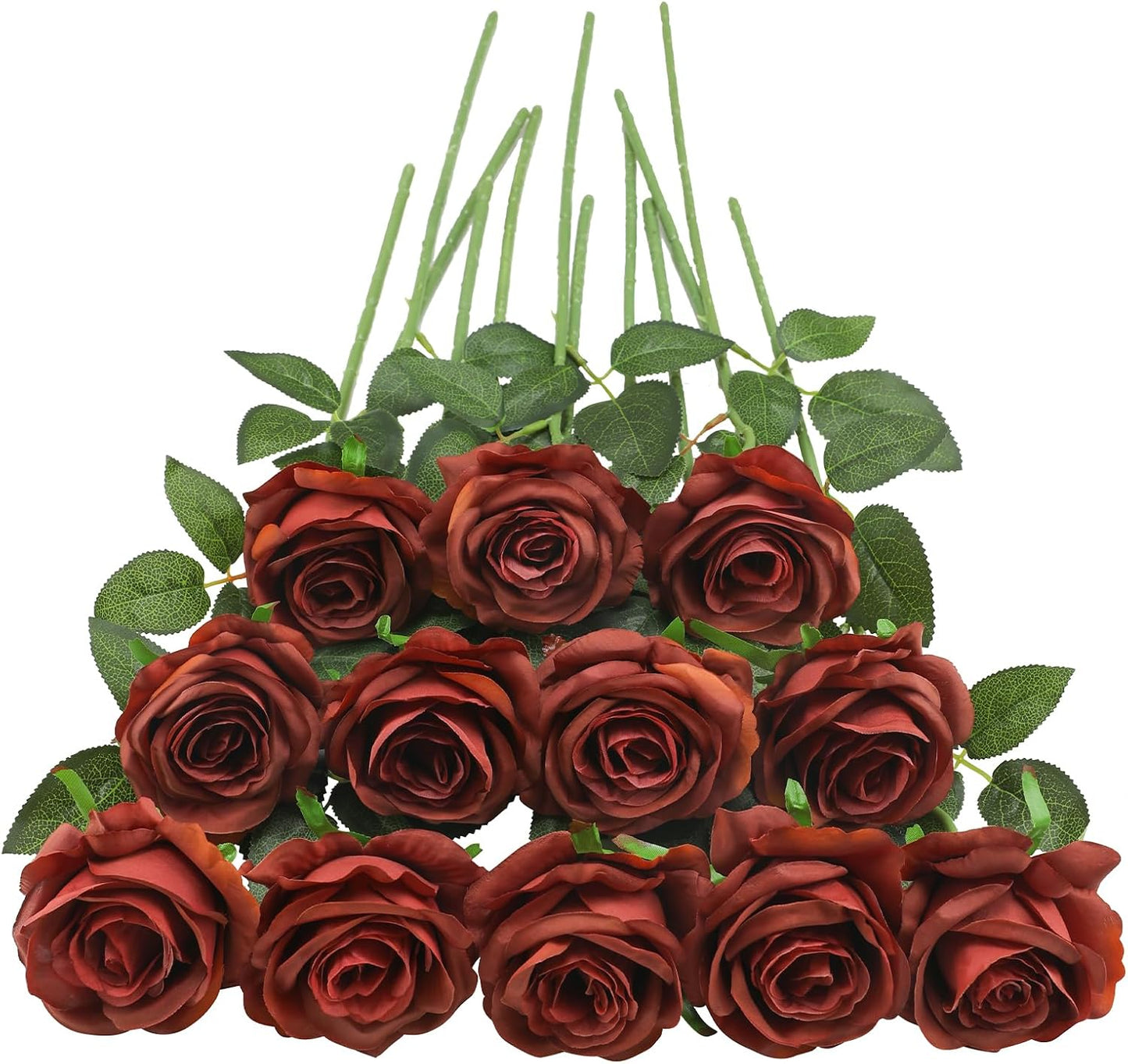 12pcs Red Roses Artificial Flowers,Realistic Long Stem Fake Silk Roses Bouquet for Party Home Wedding Centerpiece Office DIY Decor（Burgundy）