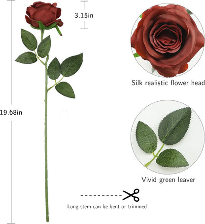12pcs Red Roses Artificial Flowers,Realistic Long Stem Fake Silk Roses Bouquet for Party Home Wedding Centerpiece Office DIY Decor（Burgundy）