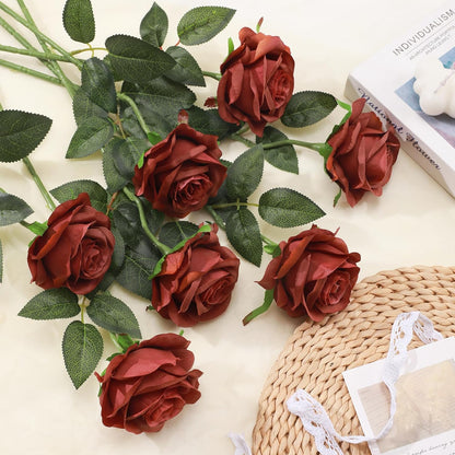12pcs Red Roses Artificial Flowers,Realistic Long Stem Fake Silk Roses Bouquet for Party Home Wedding Centerpiece Office DIY Decor（Burgundy）
