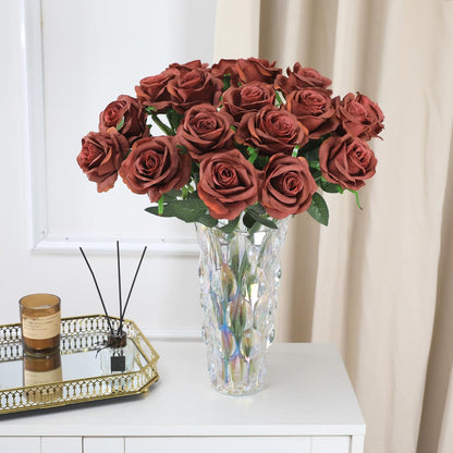 12pcs Red Roses Artificial Flowers,Realistic Long Stem Fake Silk Roses Bouquet for Party Home Wedding Centerpiece Office DIY Decor（Burgundy）
