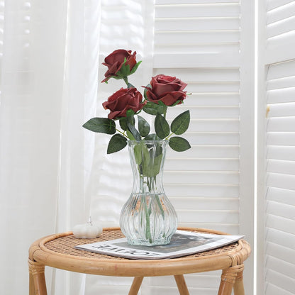 12pcs Red Roses Artificial Flowers,Realistic Long Stem Fake Silk Roses Bouquet for Party Home Wedding Centerpiece Office DIY Decor（Burgundy）