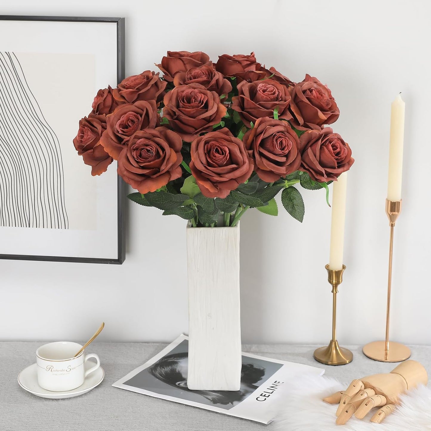 12pcs Red Roses Artificial Flowers,Realistic Long Stem Fake Silk Roses Bouquet for Party Home Wedding Centerpiece Office DIY Decor（Burgundy）