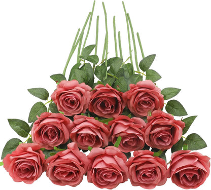 12pcs Red Roses Artificial Flowers,Realistic Long Stem Fake Silk Roses Bouquet for Party Home Wedding Centerpiece Office DIY Decor（Burgundy）