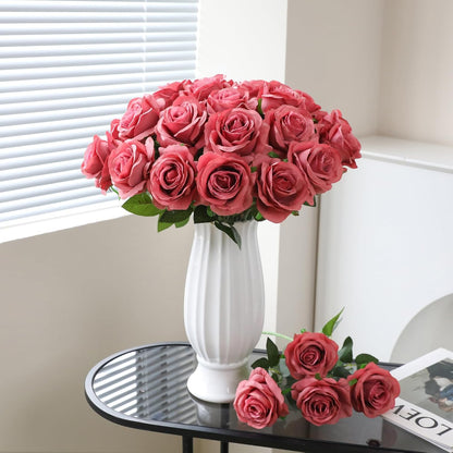 12pcs Red Roses Artificial Flowers,Realistic Long Stem Fake Silk Roses Bouquet for Party Home Wedding Centerpiece Office DIY Decor（Burgundy）