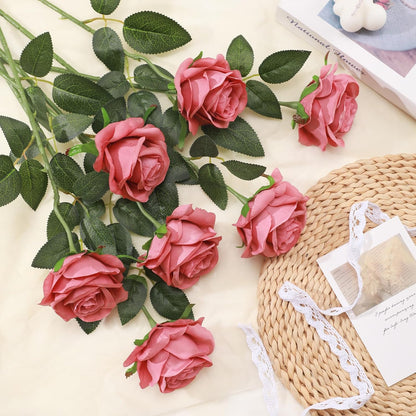 12pcs Red Roses Artificial Flowers,Realistic Long Stem Fake Silk Roses Bouquet for Party Home Wedding Centerpiece Office DIY Decor（Burgundy）