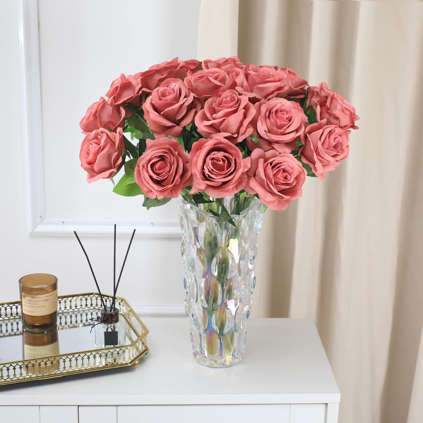 12pcs Red Roses Artificial Flowers,Realistic Long Stem Fake Silk Roses Bouquet for Party Home Wedding Centerpiece Office DIY Decor（Burgundy）