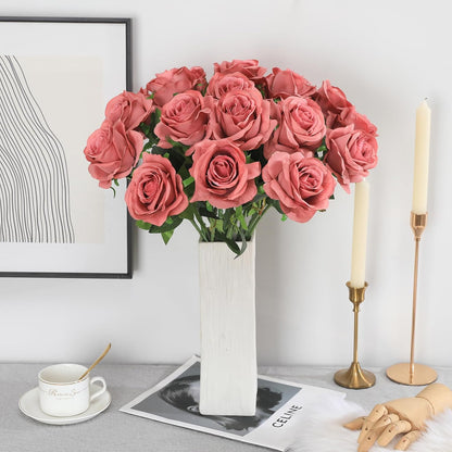 12pcs Red Roses Artificial Flowers,Realistic Long Stem Fake Silk Roses Bouquet for Party Home Wedding Centerpiece Office DIY Decor（Burgundy）