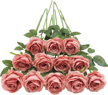 12pcs Red Roses Artificial Flowers,Realistic Long Stem Fake Silk Roses Bouquet for Party Home Wedding Centerpiece Office DIY Decor（Burgundy）