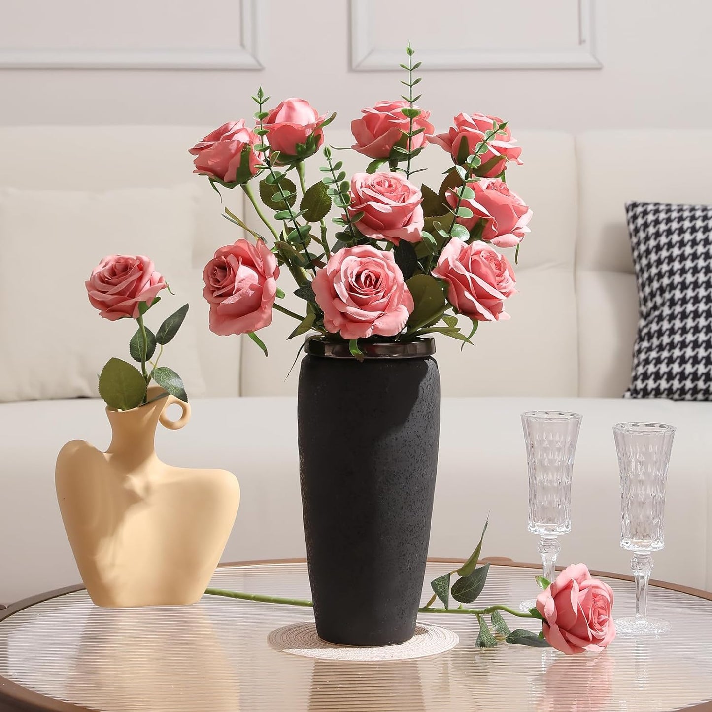 12pcs Red Roses Artificial Flowers,Realistic Long Stem Fake Silk Roses Bouquet for Party Home Wedding Centerpiece Office DIY Decor（Burgundy）