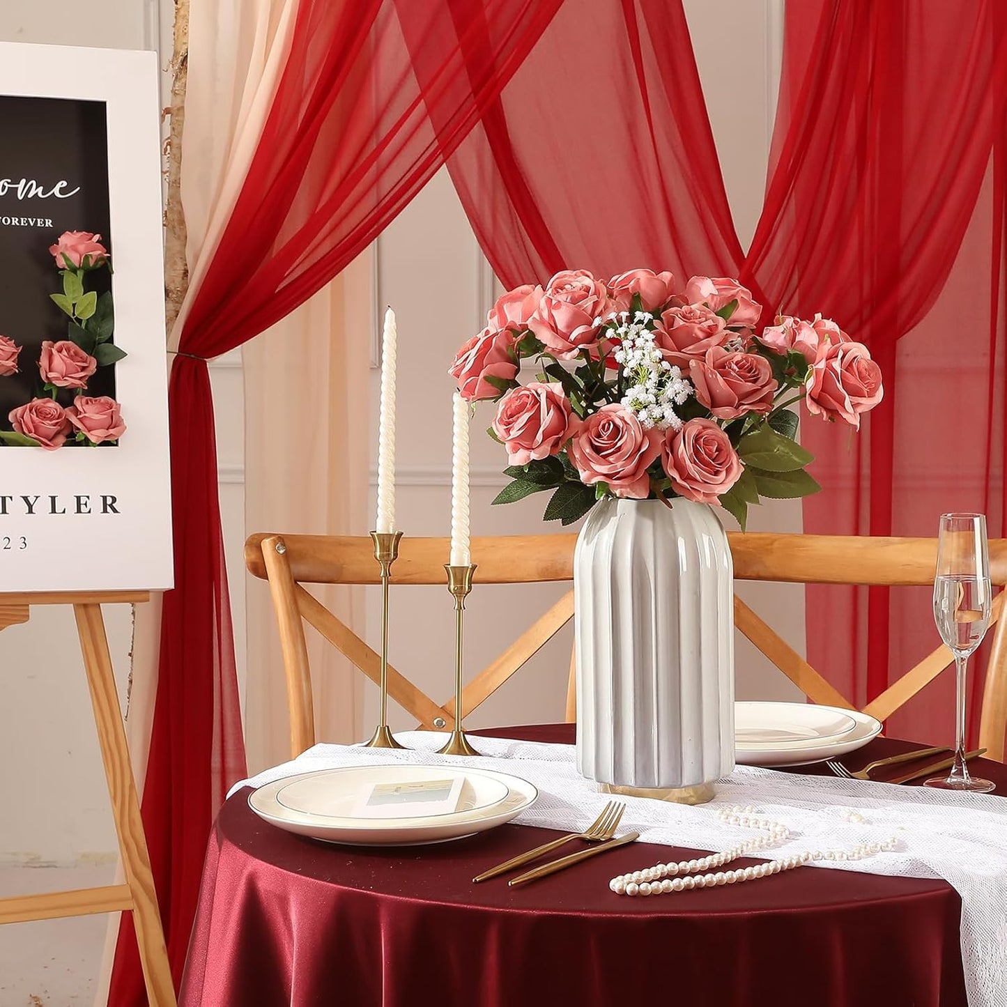 12pcs Red Roses Artificial Flowers,Realistic Long Stem Fake Silk Roses Bouquet for Party Home Wedding Centerpiece Office DIY Decor（Burgundy）