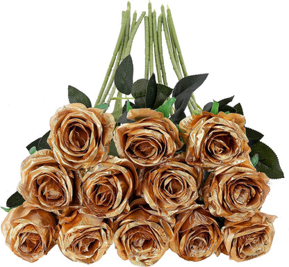 12pcs Red Roses Artificial Flowers,Realistic Long Stem Fake Silk Roses Bouquet for Party Home Wedding Centerpiece Office DIY Decor（Burgundy）