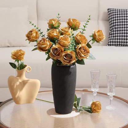 12pcs Red Roses Artificial Flowers,Realistic Long Stem Fake Silk Roses Bouquet for Party Home Wedding Centerpiece Office DIY Decor（Burgundy）