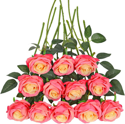 12pcs Red Roses Artificial Flowers,Realistic Long Stem Fake Silk Roses Bouquet for Party Home Wedding Centerpiece Office DIY Decor（Burgundy）