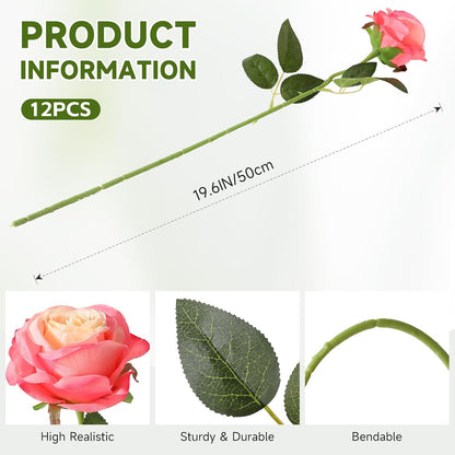 12pcs Red Roses Artificial Flowers,Realistic Long Stem Fake Silk Roses Bouquet for Party Home Wedding Centerpiece Office DIY Decor（Burgundy）