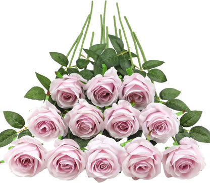 12pcs Red Roses Artificial Flowers,Realistic Long Stem Fake Silk Roses Bouquet for Party Home Wedding Centerpiece Office DIY Decor（Burgundy）
