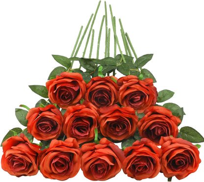 12pcs Red Roses Artificial Flowers,Realistic Long Stem Fake Silk Roses Bouquet for Party Home Wedding Centerpiece Office DIY Decor（Burgundy）