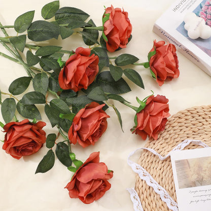12pcs Red Roses Artificial Flowers,Realistic Long Stem Fake Silk Roses Bouquet for Party Home Wedding Centerpiece Office DIY Decor（Burgundy）