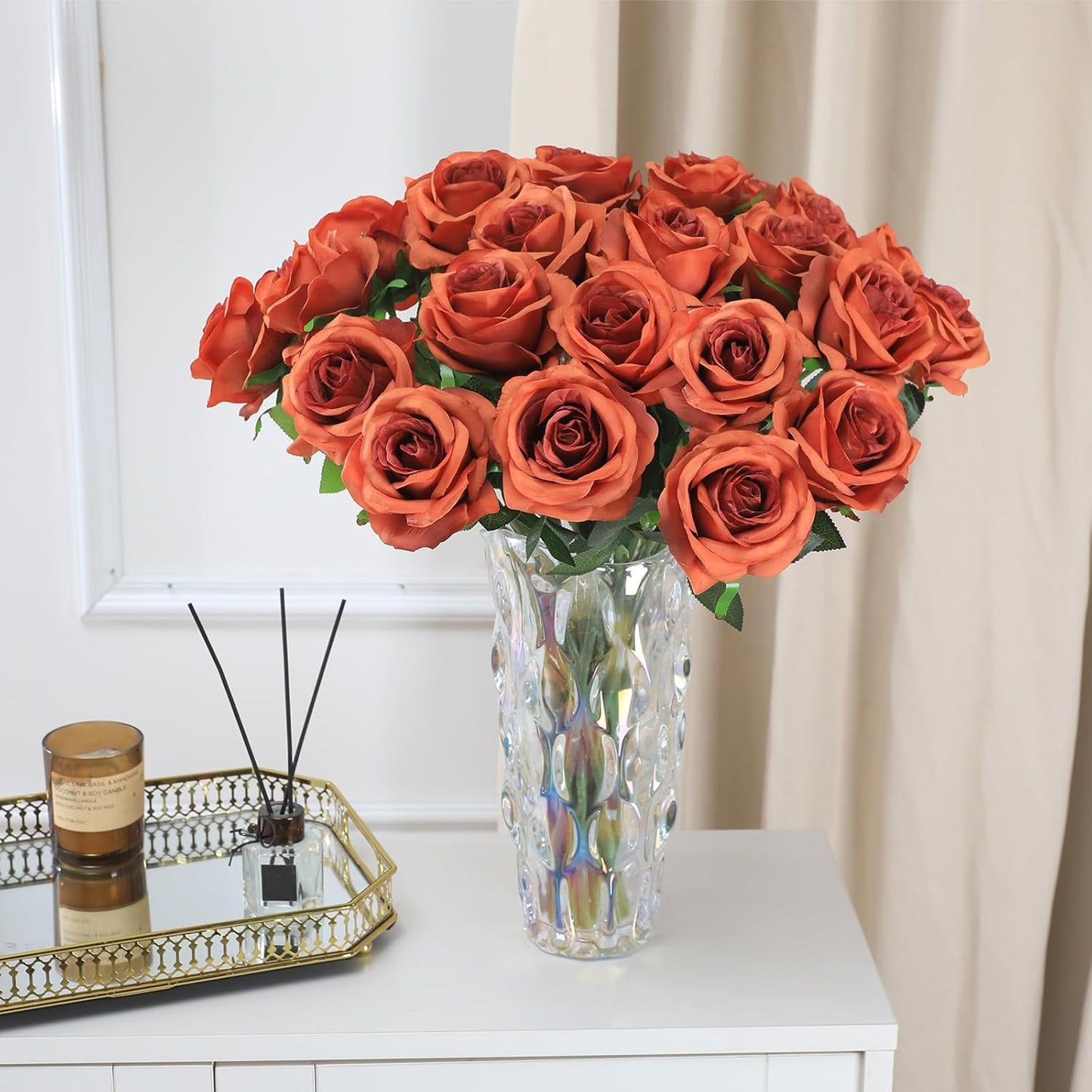 12pcs Red Roses Artificial Flowers,Realistic Long Stem Fake Silk Roses Bouquet for Party Home Wedding Centerpiece Office DIY Decor（Burgundy）