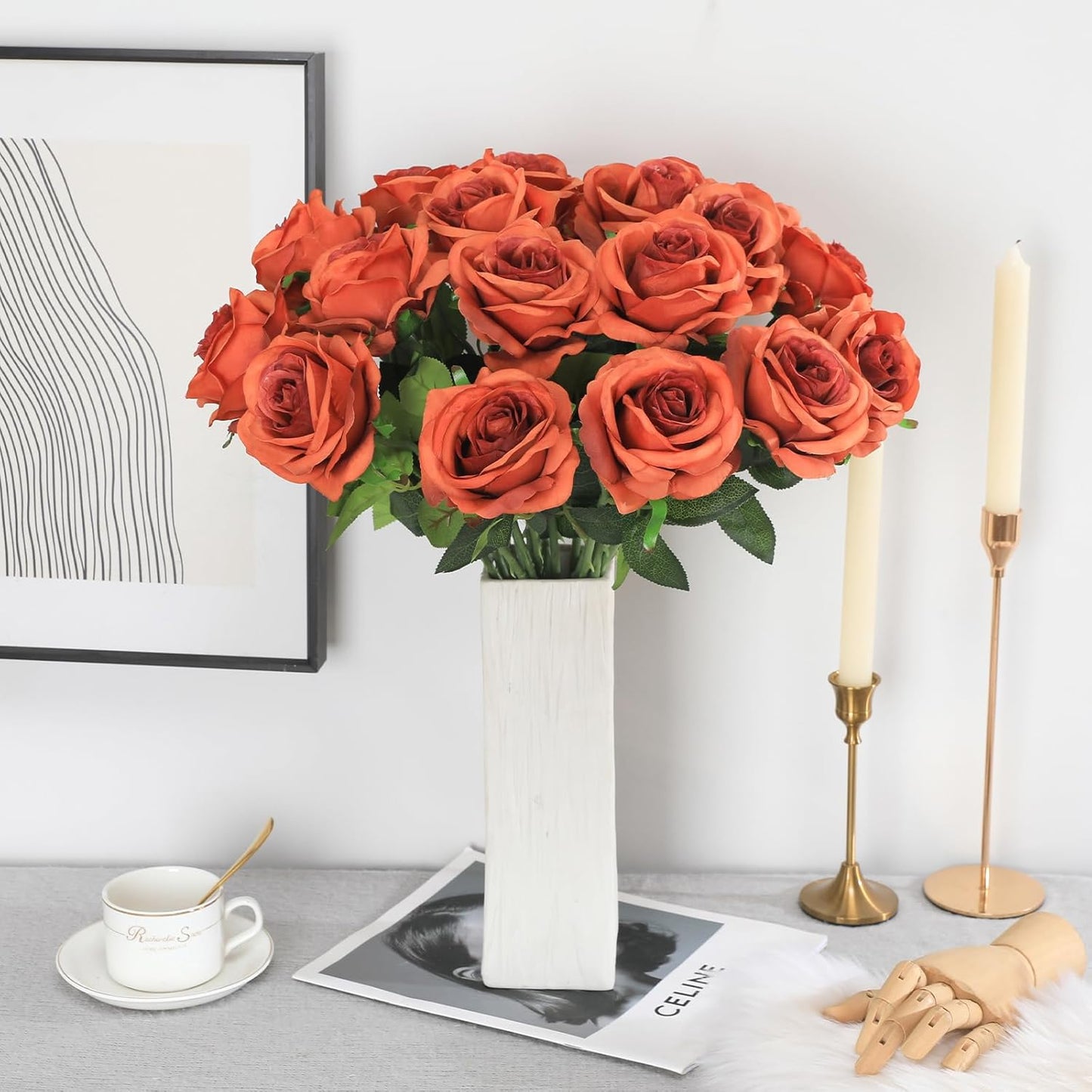 12pcs Red Roses Artificial Flowers,Realistic Long Stem Fake Silk Roses Bouquet for Party Home Wedding Centerpiece Office DIY Decor（Burgundy）