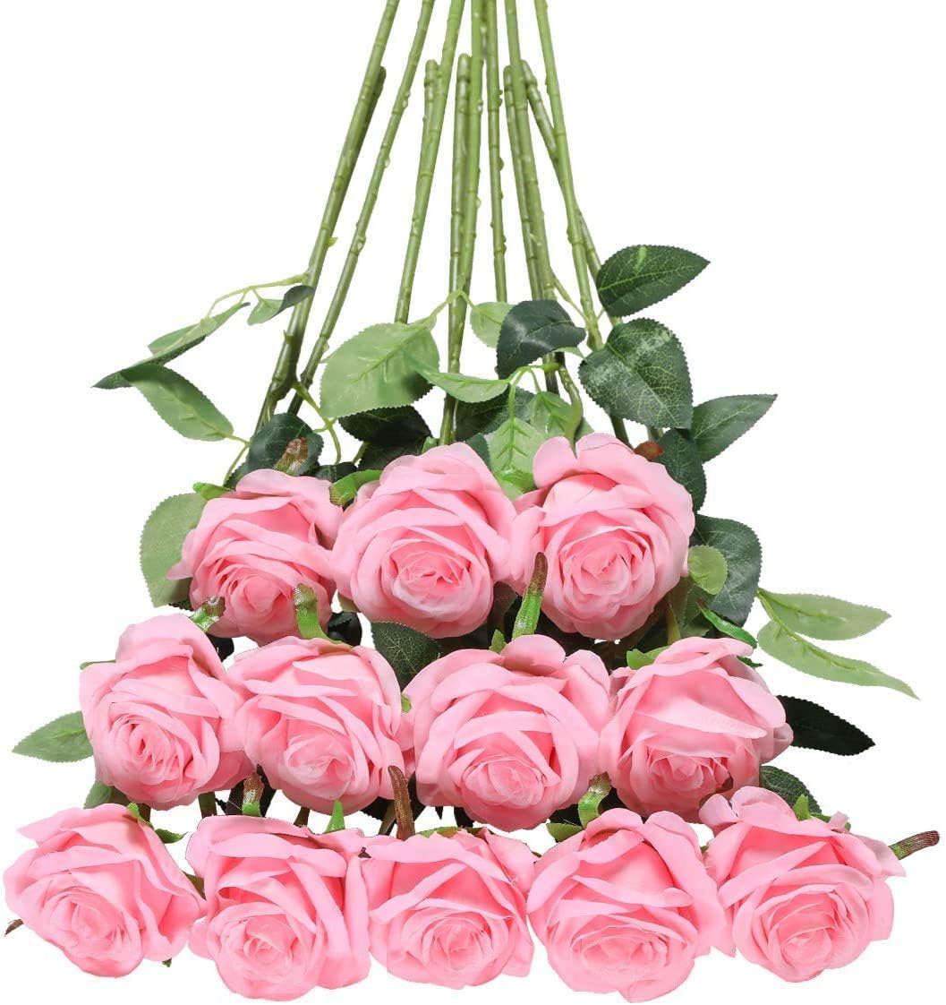 12pcs Red Roses Artificial Flowers,Realistic Long Stem Fake Silk Roses Bouquet for Party Home Wedding Centerpiece Office DIY Decor（Burgundy）