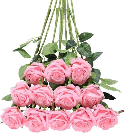 12pcs Red Roses Artificial Flowers,Realistic Long Stem Fake Silk Roses Bouquet for Party Home Wedding Centerpiece Office DIY Decor（Burgundy）