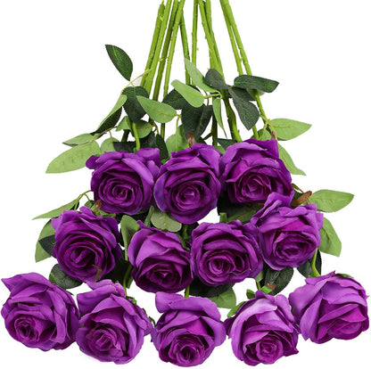 12pcs Red Roses Artificial Flowers,Realistic Long Stem Fake Silk Roses Bouquet for Party Home Wedding Centerpiece Office DIY Decor（Burgundy）