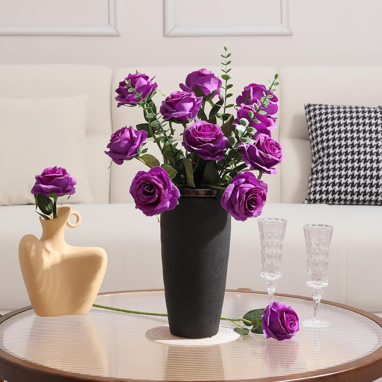 12pcs Red Roses Artificial Flowers,Realistic Long Stem Fake Silk Roses Bouquet for Party Home Wedding Centerpiece Office DIY Decor（Burgundy）