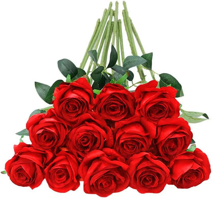 12pcs Red Roses Artificial Flowers,Realistic Long Stem Fake Silk Roses Bouquet for Party Home Wedding Centerpiece Office DIY Decor（Burgundy）