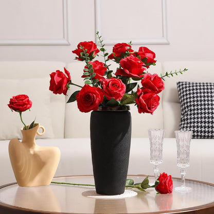 12pcs Red Roses Artificial Flowers,Realistic Long Stem Fake Silk Roses Bouquet for Party Home Wedding Centerpiece Office DIY Decor（Burgundy）