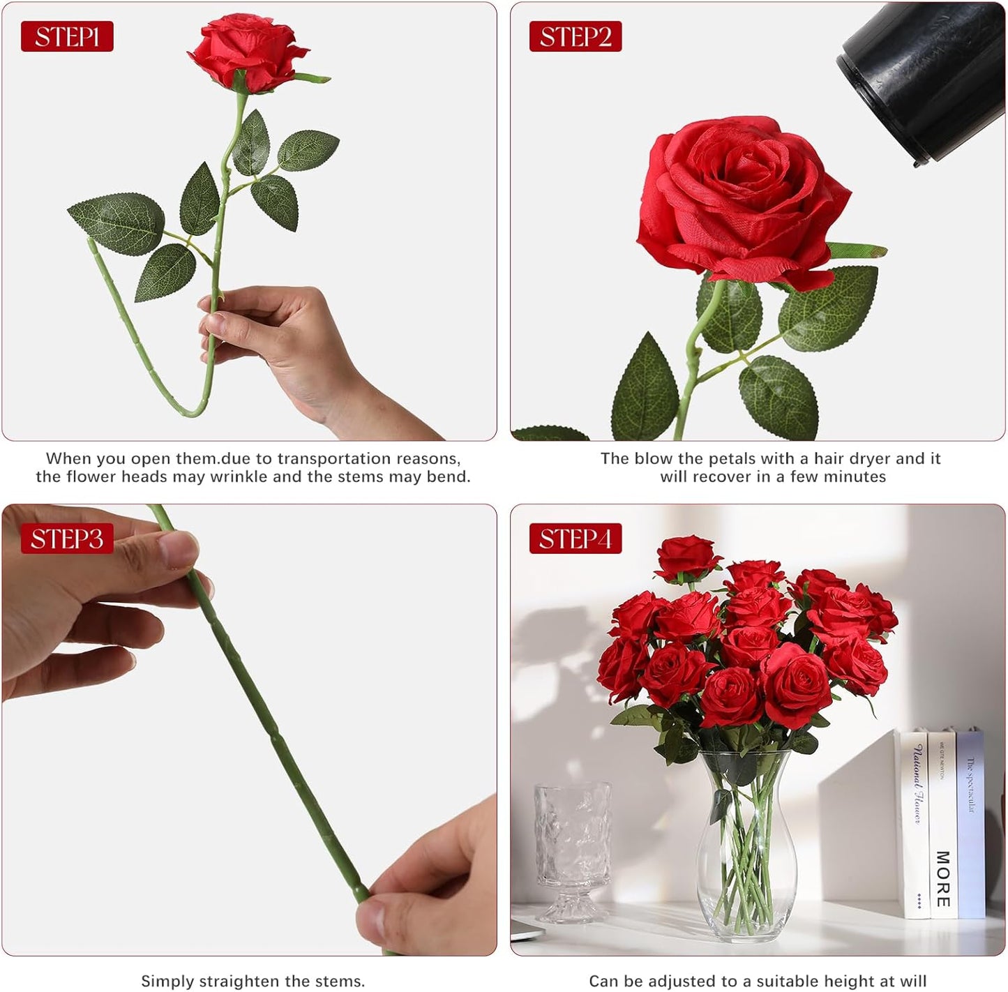 12pcs Red Roses Artificial Flowers,Realistic Long Stem Fake Silk Roses Bouquet for Party Home Wedding Centerpiece Office DIY Decor（Burgundy）