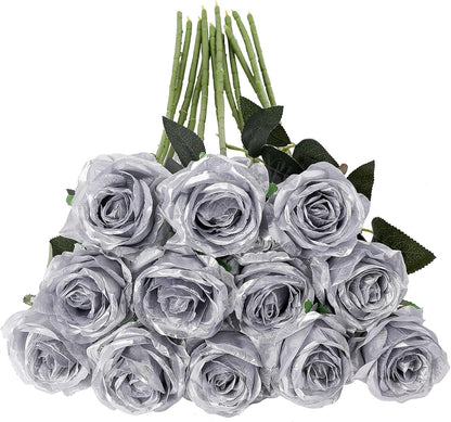 12pcs Red Roses Artificial Flowers,Realistic Long Stem Fake Silk Roses Bouquet for Party Home Wedding Centerpiece Office DIY Decor（Burgundy）