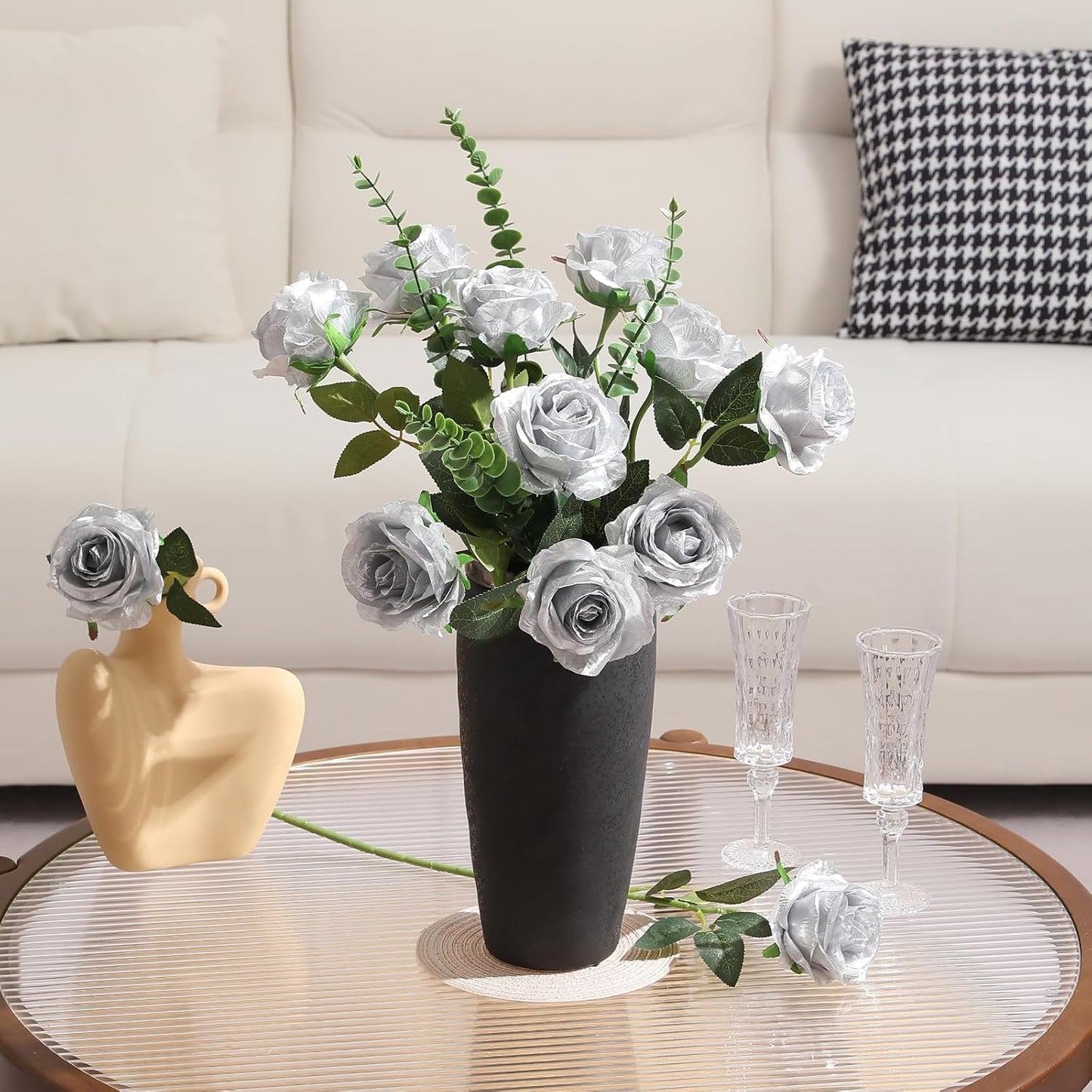 12pcs Red Roses Artificial Flowers,Realistic Long Stem Fake Silk Roses Bouquet for Party Home Wedding Centerpiece Office DIY Decor（Burgundy）
