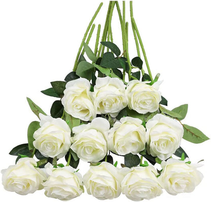 12pcs Red Roses Artificial Flowers,Realistic Long Stem Fake Silk Roses Bouquet for Party Home Wedding Centerpiece Office DIY Decor（Burgundy）
