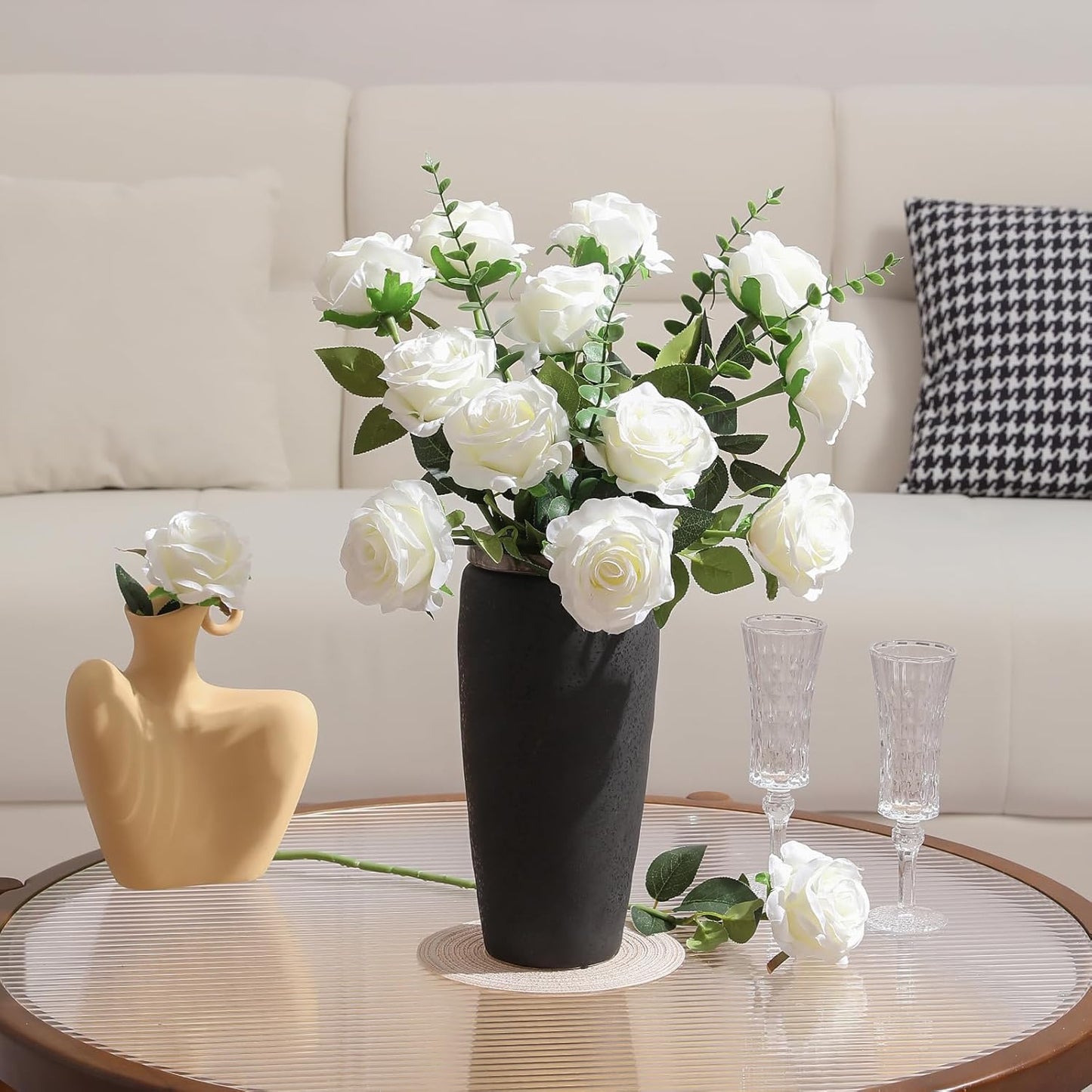 12pcs Red Roses Artificial Flowers,Realistic Long Stem Fake Silk Roses Bouquet for Party Home Wedding Centerpiece Office DIY Decor（Burgundy）