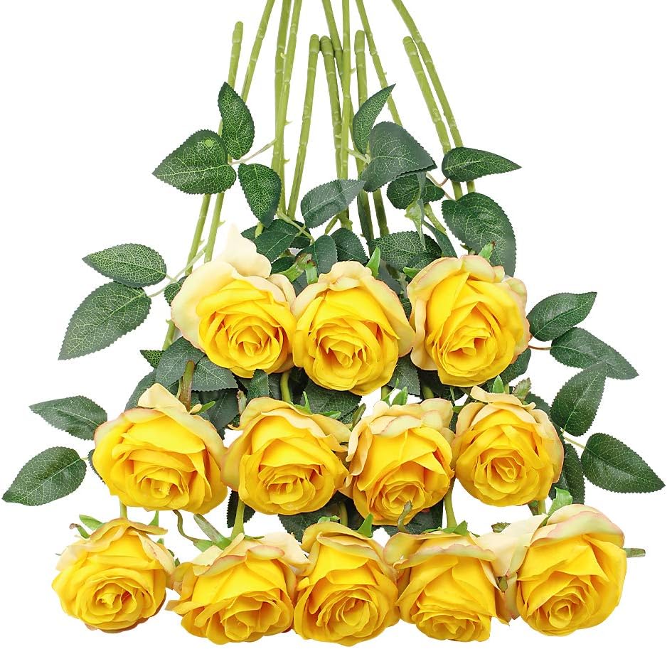 12pcs Red Roses Artificial Flowers,Realistic Long Stem Fake Silk Roses Bouquet for Party Home Wedding Centerpiece Office DIY Decor（Burgundy）