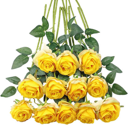 12pcs Red Roses Artificial Flowers,Realistic Long Stem Fake Silk Roses Bouquet for Party Home Wedding Centerpiece Office DIY Decor（Burgundy）