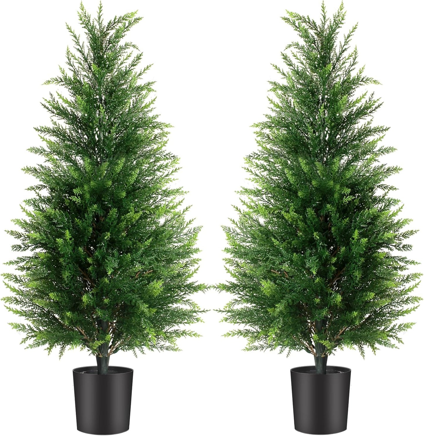 3FT Artificial Cedar Trees 2 Pack, UV Protected | Lifelike artificial cypress, UV protected, no watering. Fake outdoor topiary potted plants for porch, patio, garden.