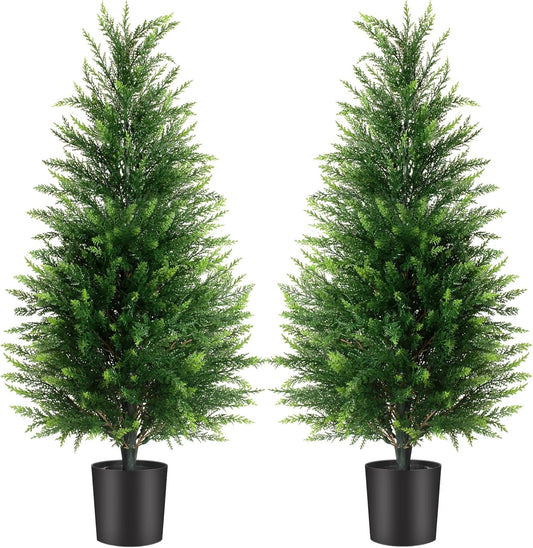 3FT Artificial Cedar Trees 2 Pack, UV Protected | Lifelike artificial cypress, UV protected, no watering. Fake outdoor topiary potted plants for porch, patio, garden.