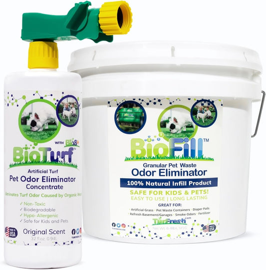 BioTurf Mini Power Pack Turf Cleaner for Pet Urine Outdoor - Artificial Turf Cleaner Concentrate - Yard Deodorizer for Dog Urine & Feces - Enzyme Kennel Odor Eliminator 32 oz Spray & 8 lb Infill