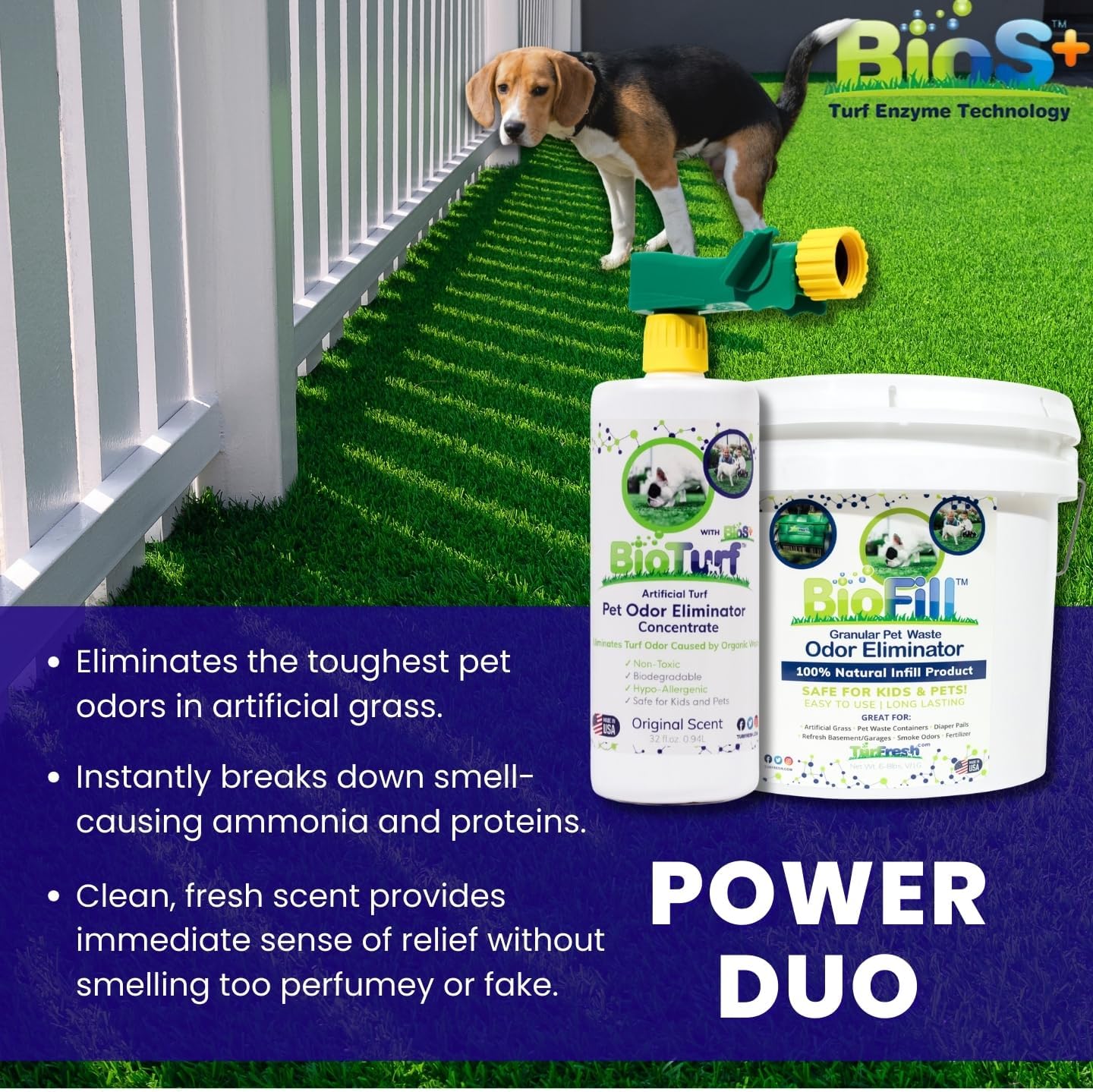 BioTurf Mini Power Pack Turf Cleaner for Pet Urine Outdoor - Artificial Turf Cleaner Concentrate - Yard Deodorizer for Dog Urine & Feces - Enzyme Kennel Odor Eliminator 32 oz Spray & 8 lb Infill
