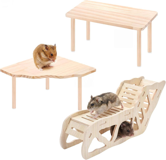3-Piece Wooden Hamster Platform Set, Versatile Hideout & Exploration Tunnel with Ladder, Cage Decor for Syrian Dwarf Hamsters, Gerbils, Mice